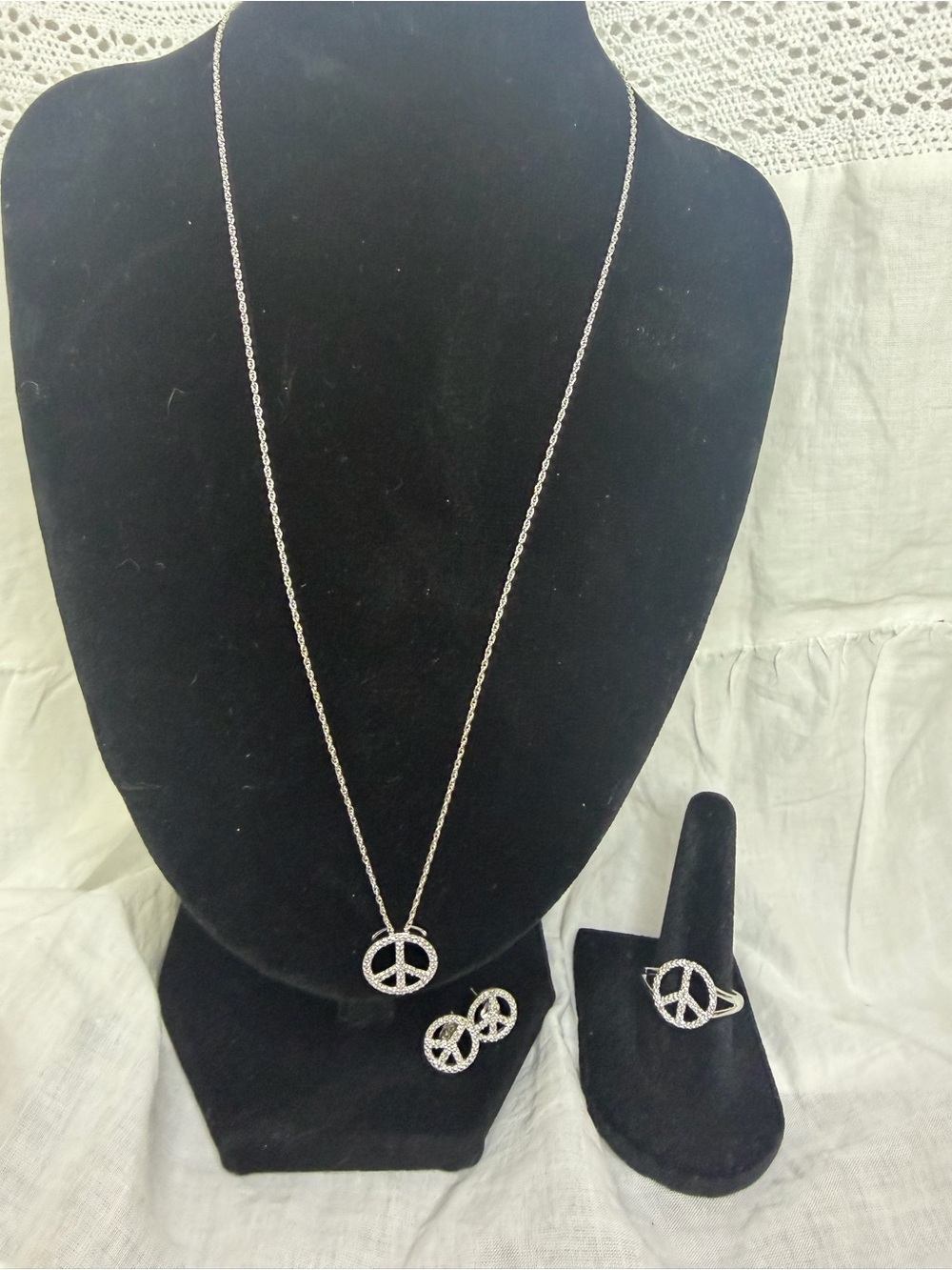 Natural Diamond SterlingSilver Peace Sign Necklace, Earrings & Ring Set